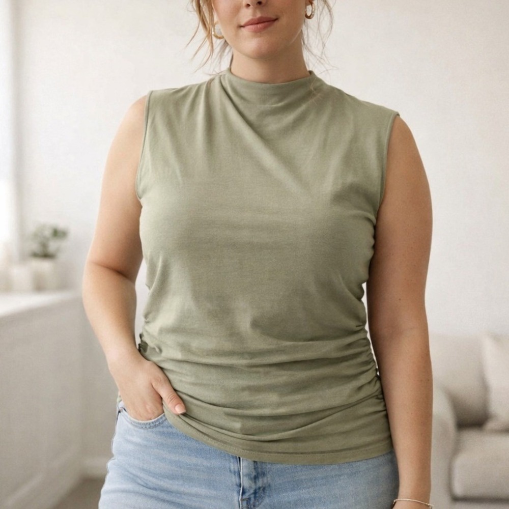Rebecca Minkoff Sage Green Ruched Tank Top‎ XL Modal Stretch Minimalist Chic